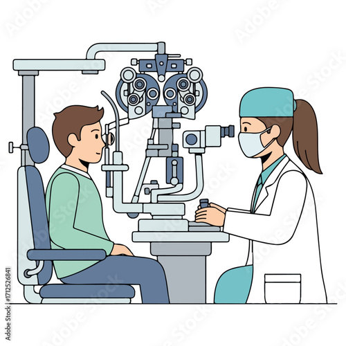 Eye examination with an ophthalmologist using specialized equipment.