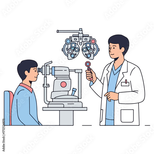 Eye examination with doctor and patient in clinic.