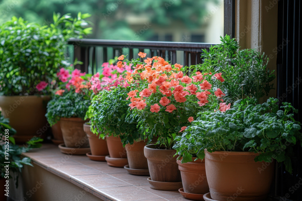 Fototapeta premium Row of potted plants on a balcony.