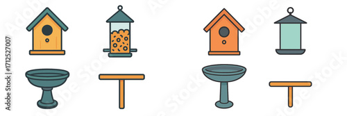 Assortment of birdhouses, bird feeders, and bird baths for garden and backyard wildlife care and feeding