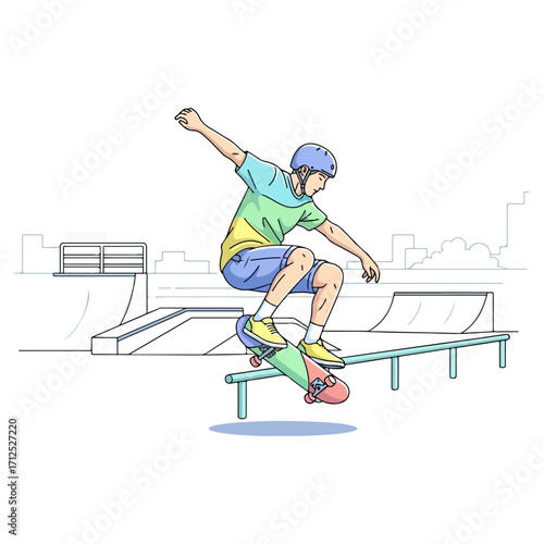 Skateboarder performing a trick on a rail in a skatepark.