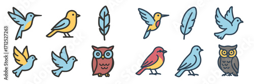 Vibrant collection of stylized bird species and natural feather icons representing diverse avian wildlife and nature elements
