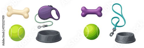 Collection of essential dog accessories including bones, leashes, tennis balls, and food bowls for pet care