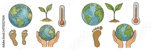 Global environmental protection, climate change awareness, and sustainability symbols with ecological footprint and nature care elements