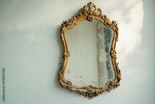 An ornate, vintage gold framed mirror hangs on a textured light blue wall, reflecting a hazy, aged appearance with a sunlight shade.