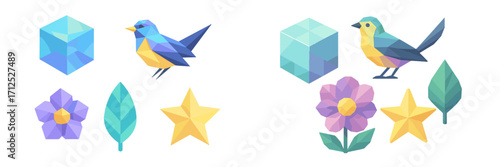 Abstract geometric low poly bird, flower, leaf, star, and cube shapes with polygonal facets in a modern digital art style