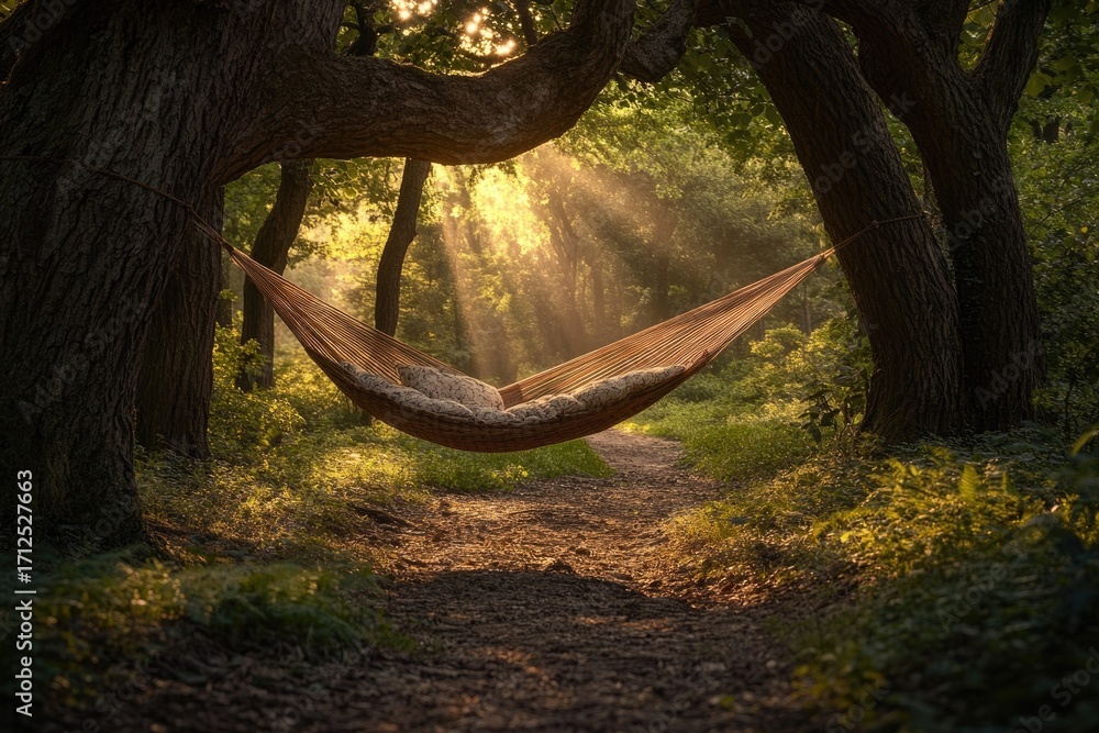 Obraz premium Hammock strung between trees in a forest bathed in golden light, creating a serene and inviting scene.