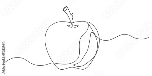 Continuous one line drawing of apple fruit design Vector illustration, simple continuous line drawing of an apple on a uniform white background.