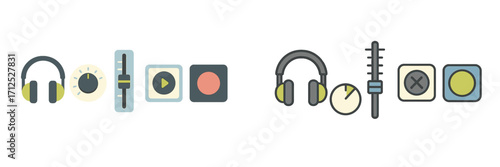 Set of contemporary audio control interface elements featuring headphones, volume knobs, sliders, and media playback buttons for digital design