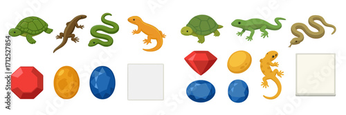 Collection of colorful cartoon reptiles including turtles, lizards, and snakes with various faceted and cabochon gemstones