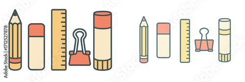 Collection of school and office supplies including pencils, erasers, rulers, binder clips, and glue sticks