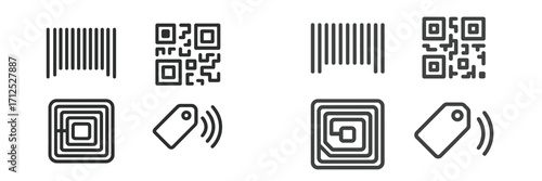 Collection of modern identification and scanning icons including barcodes, QR codes, RFID, and NFC symbols