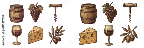 Wine and food elements set with grapes, cheese, olives, barrel, corkscrew, and glass
