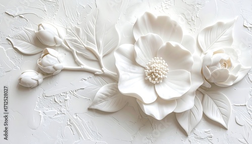 Ornate white flowers in bas-relief