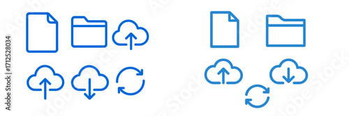 Simple file management icons for cloud services in blue designs on a white background