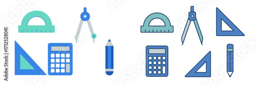 Mathematical and geometry tools set with protractor, compass, set square, calculator, and pencil for school education