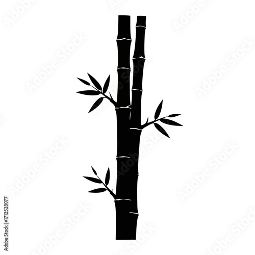 Black bamboo stalks with leaves silhouette isolated on white background
