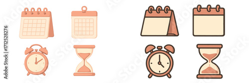 Modern collection of calendar, alarm clock, and hourglass symbols in a soft color palette for time management, scheduling, and planning concepts