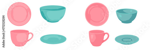 Watercolor kitchenware items: dinner plates, serving bowls, coffee cups, saucers in vibrant pink and teal