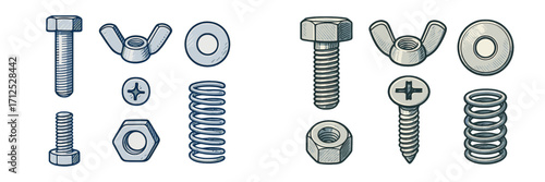 Assortment of common metal fasteners such as bolts screws nuts washers and springs for construction
