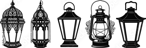 Black silhouette lantern collection, vintage decorative lamps, traditional Ramadan lanterns, classic oil lamps, antique lighting design, festive home decor vector