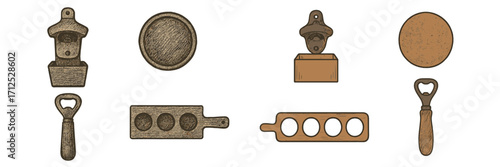 Bar accessories collection with wall-mounted and handheld bottle openers, round coasters, and wooden beer flight paddles