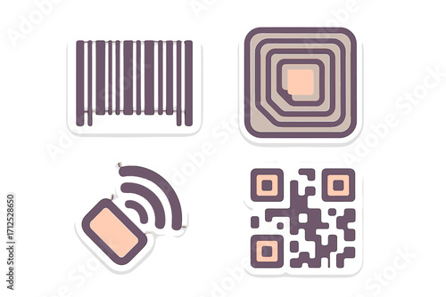 Modern data identification and wireless communication technology symbols including barcode, QR code, RFID, and NFC icons