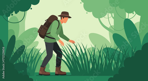 Explorer Hiking Through Lush Jungle Environment Discovering Untouched Wilderness