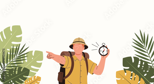 Explorer Holding Compass Points Direction In Jungle Seeking Tropical Adventure