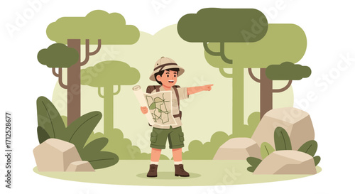 Explorer Guides Through Dense Forest, Pointing The Way With Detailed Map And Foresight