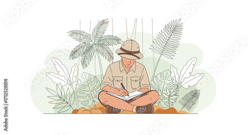 Explorer Immersed In Nature With Pen And Notebook Amidst Lush Greenery And Flora