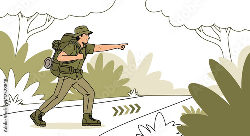 Explorer in Nature, Pointing the Way Forward, Adventure in the Wilderness, Hike and Travel