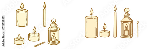 Various burning candles including pillar, taper, and tea lights with a decorative lantern and matchstick
