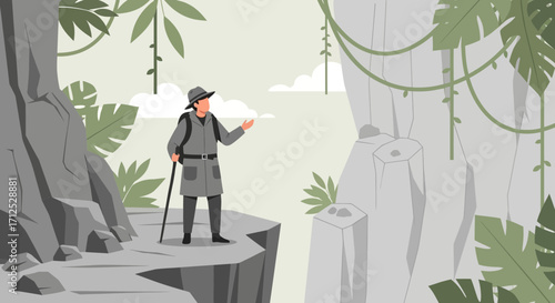 Explorer In Tropical Terrain, Exploring A Vast Landscape, And Seeking Discovery