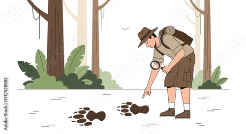 Explorer Inspecting Footprints In A Forest, Investigating Bear Paw Prints Illustration