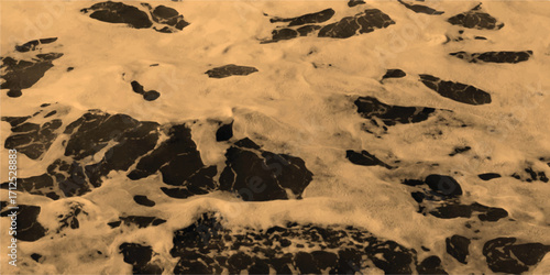 Close-up abstract view of frothy white foam on dark water or liquid surface with textured ripples and organic shapes in sepia tones