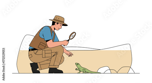 Explorer Investigating Lizard Species with Magnifying Glass in Arid Environment