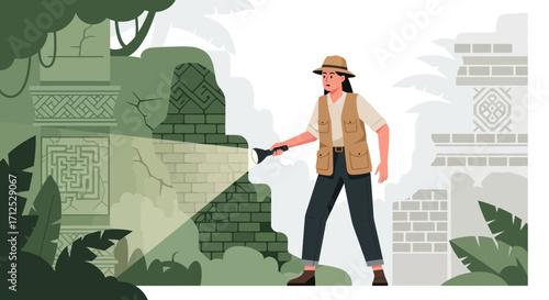 Explorer Investigating Ruined Architectural Elements in The Jungle, Illuminated By Flashlight