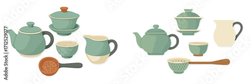 Contemporary teaware collection with various teapots, teacups, and strainers for a serene tea experience