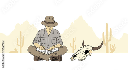 Explorer Jotting Notes, Desert Landscape With Cactus and Skull, Minimalist Illustration
