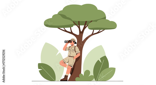 Explorer Looking Through Binoculars Finds New Wildlife in Natural Environment