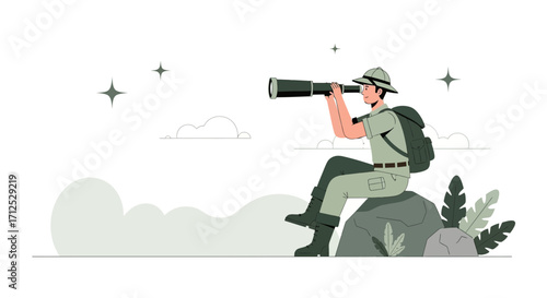 Explorer Looking Through a Telescope, Searching for Adventure In Nature's Vastness