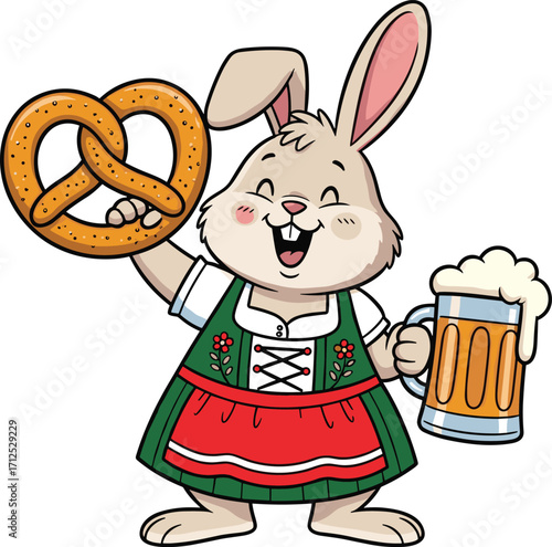 Cartoon rabbit in Bavarian dirndl holding beer and pretzel, Oktoberfest celebration, festive cheerful pose, traditional German outfit, smiling character