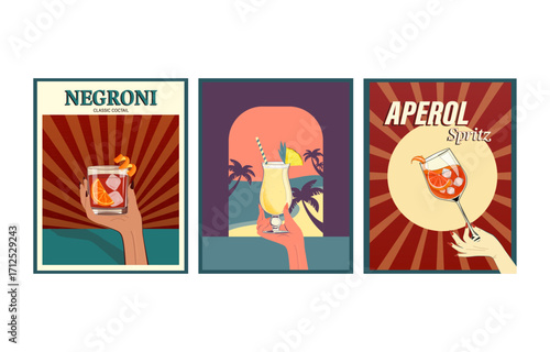 Hands holding cocktails negroni, pina colada and aperol spritz in vintage style posters