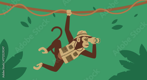 Explorer Monkey Observing Through Binoculars in a Lush Green Tropical Environment