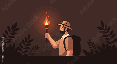 Explorer Navigating Dark And Mysterious Forest, Seeking Adventure With Torchlight