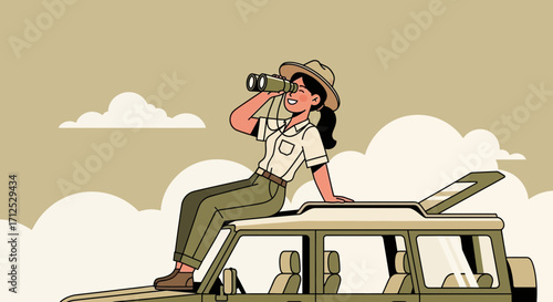 Explorer Observes Wildlife with Binoculars While Enjoying Her Adventure in Safari Car