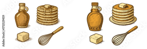 Stacked pancakes with melting butter, maple syrup bottles, and kitchen whisks, a delicious breakfast spread