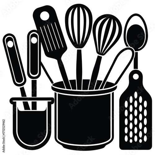 Minimalist vector set of essential kitchen utensils for cooking and food preparation