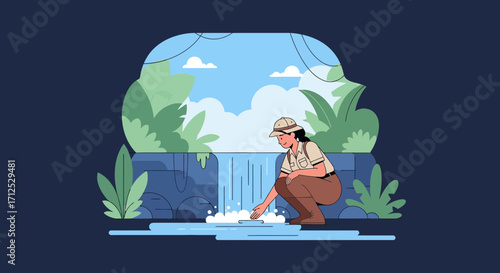 Explorer Observing A Waterfall In A Dense Lush Jungle Environment For New Discoveries